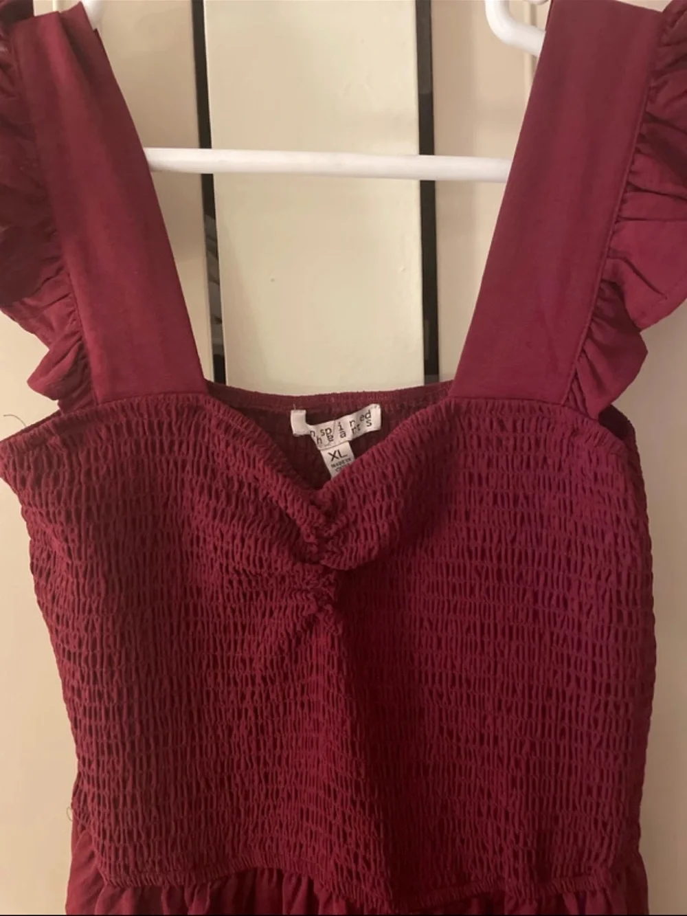Inspired Hearts Wine Ruffle-Shoulder Maxi Dress